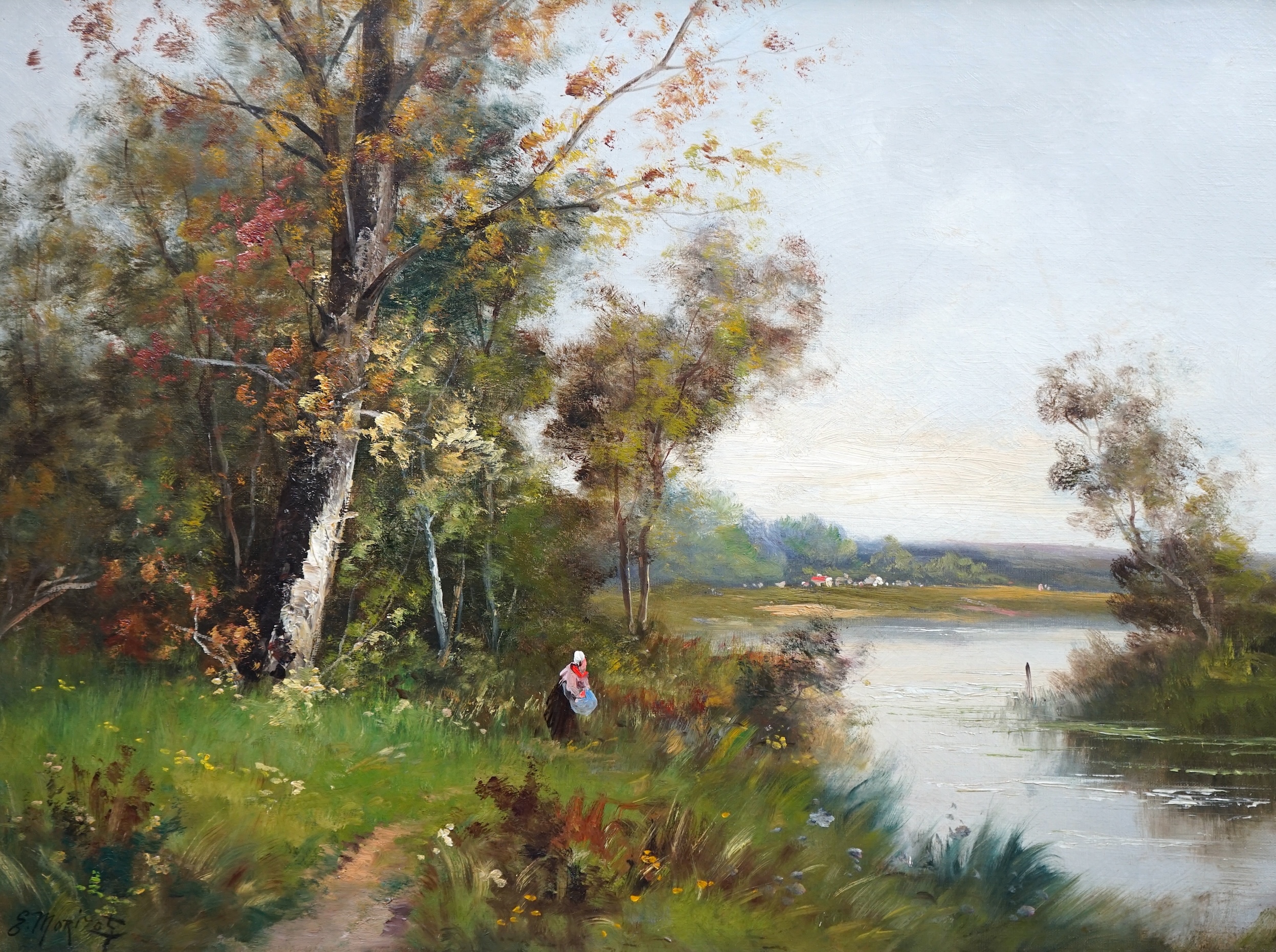 Edma Morisot Pontillon (French, 1839-1921), Riverscape and Landscape, oil on canvas, a pair, 48 x 64cm